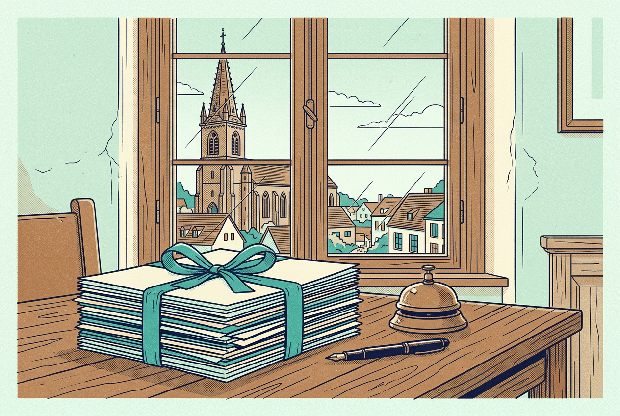 Illustration of a ribbon-tied stack of dossiers on a council table with a town church seen through the window