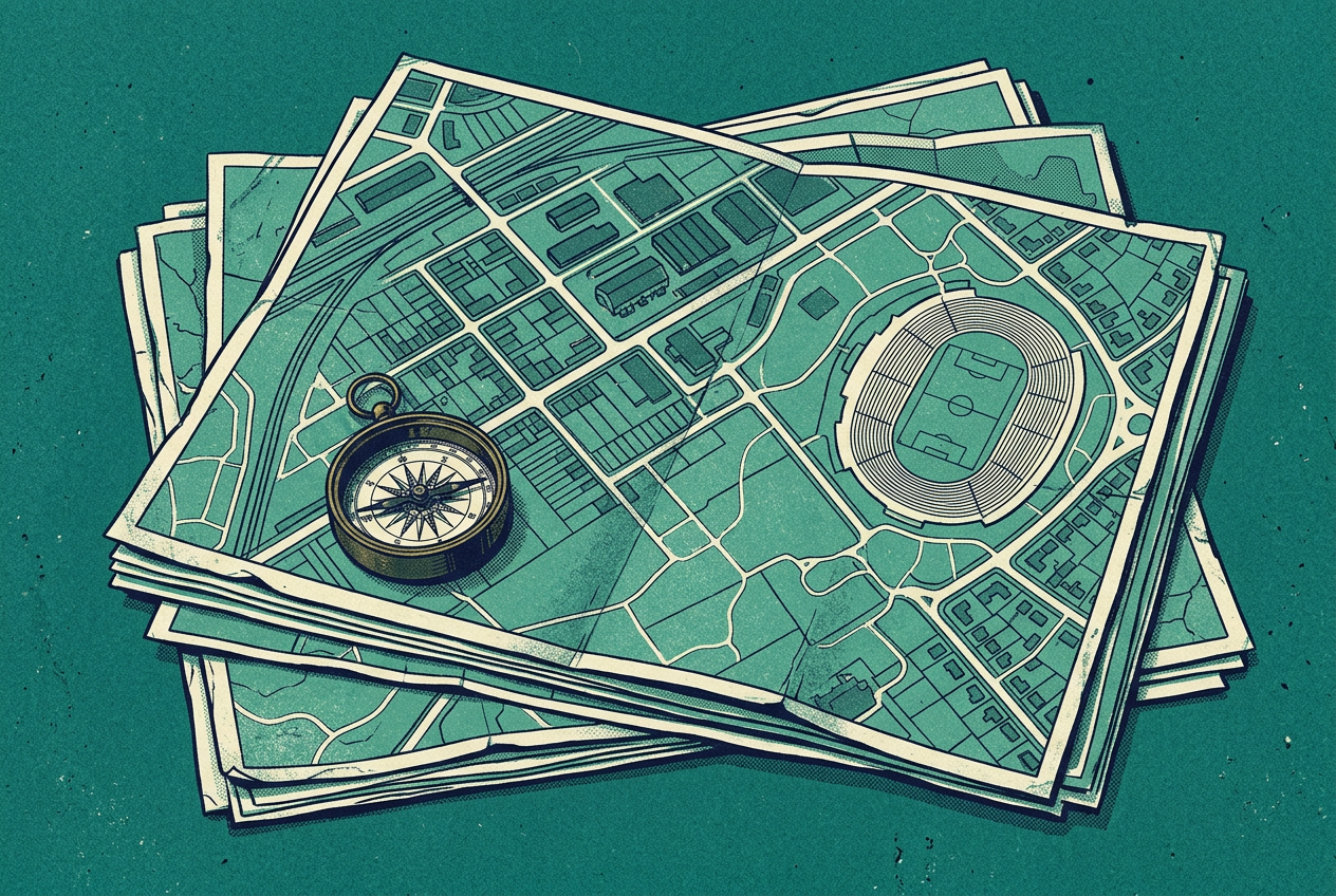 Illustration of a stack of municipal site maps with a brass compass on top