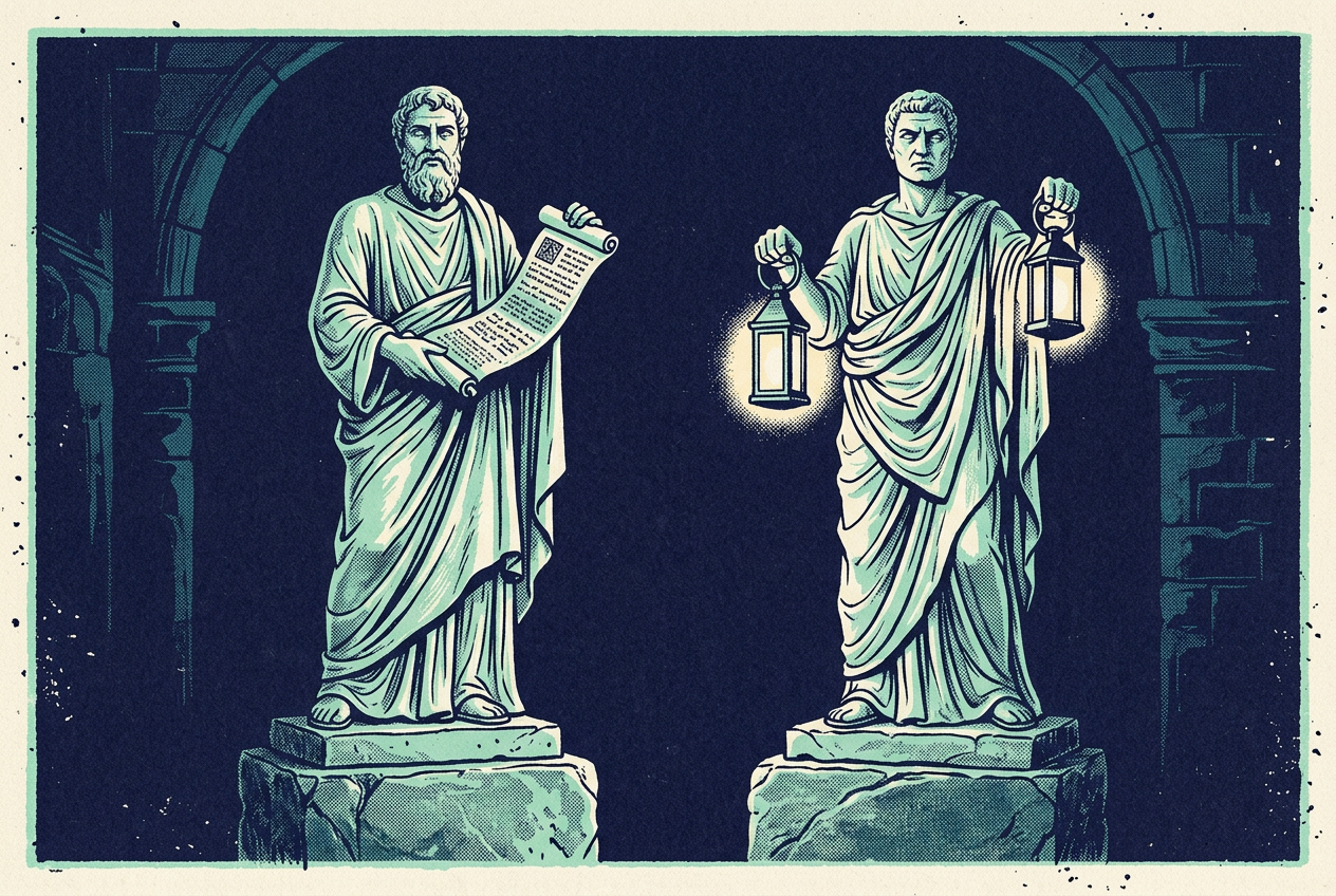 Illustration of two stone guardian statues, one holding a scroll and one a lantern